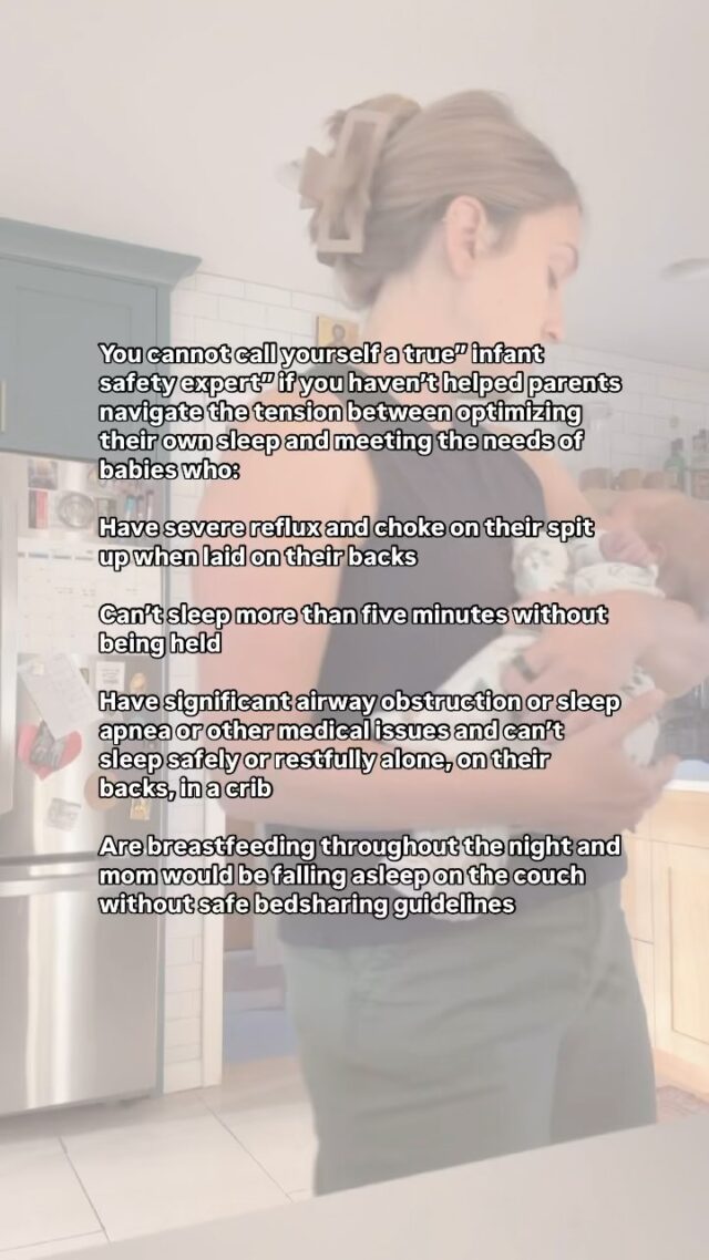Somehow, I stumbled into the side of social media where there are lots of people with this criteria in their bio: “infant safety expert or specialist”, and these “experts” are spewing anti bedsharing propaganda. 

Hey- you’re not an infant safety expert if you can only repeat the safety guidelines that the vast majority of people know about- to put baby on their back, alone, on a separate sleep surface. 

Real expertise means sitting with parents when they say, “My baby won’t sleep unless they’re on me,” or “I am completely exhausted  and have to get some rest.” 

A true infant sleep expert can:
♥️Help parents reduce risk when crib sleep isn’t working.
♥️Understand the realities of contact naps, room sharing, and bedsharing.
♥️Support exhausted families without shame or fear tactics.
♥️Know that safe sleep is a spectrum and is subjective based on each individual situation rather than one singular option that works for every family.

If you can’t do these things, you are not an “expert” in infant safety. You are merely regurgitating talking points that simply don’t work for lots of babies and families. We don’t live under a rock- most of us have heard the safe infant sleep recommendations dozens of times. Perhaps you should reflect on why the majority of families continue to bedshare at some point anyway? 

The safest place for babies to sleep starts with determining *where* babies *will* sleep. 

#safeinfantsleep #bedsharing #raisingtinyhumans #mynameismama #parentinghacks #letthembelittle #cosleeping #safesleep